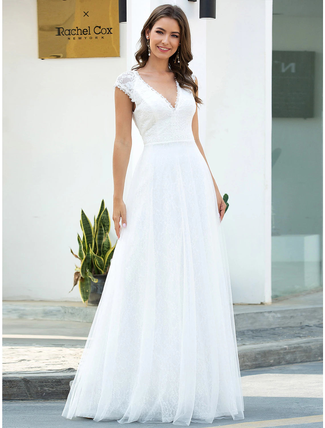 Beach Wedding Dresses A-Line V Neck Cap Sleeve Floor Length Lace Bridal Gowns With Lace