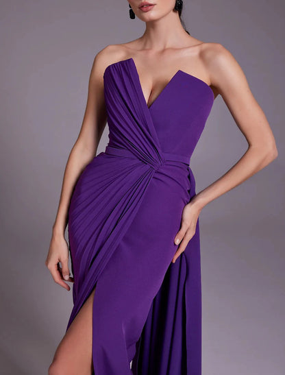 Sheath / Column Evening Gown Elegant Dress Formal Wedding Tea Length Sleeveless V Neck Chiffon with Ruched Slit