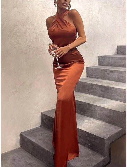 Women‘s Black Dress Prom Dress Party Dress Bodycon Sheath Dress Long Dress Maxi Dress Brown Green Sleeveless Backless Spring Halter Neck Fashion Evening Party Slim