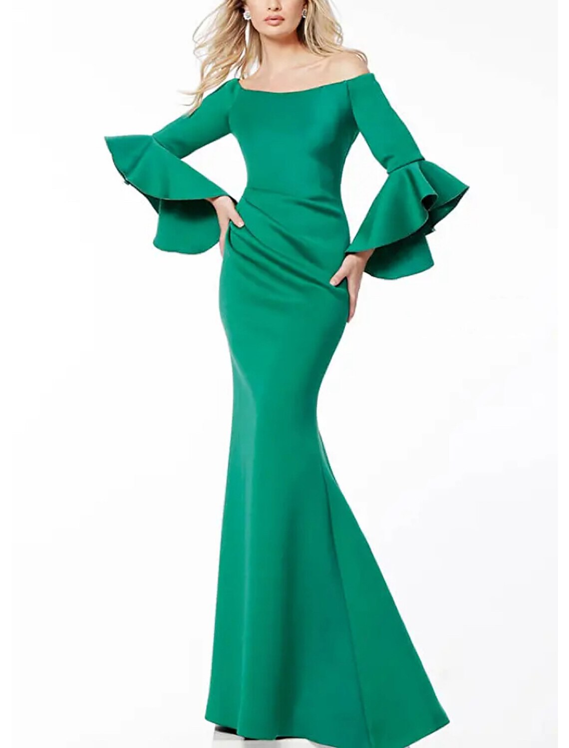 Sheath / Column Evening Gown Elegant Dress Formal Tea Length 3/4 Length Sleeve Square Neck Stretch Fabric with Feather 2024