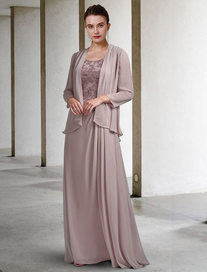 Two Piece Sheath / Column Mother of the Bride Dress Plus Size Elegant Jewel Neck Floor Length Chiffon Lace Sleeveless Wrap Included with Sequin Appliques