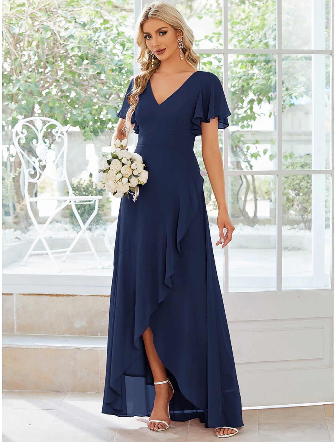 A-Line Wedding Guest Dresses Casual Dress Party Dress Wedding Party Asymmetrical Short Sleeve V Neck Bridesmaid Dress Chiffon with Ruffles Pure Color