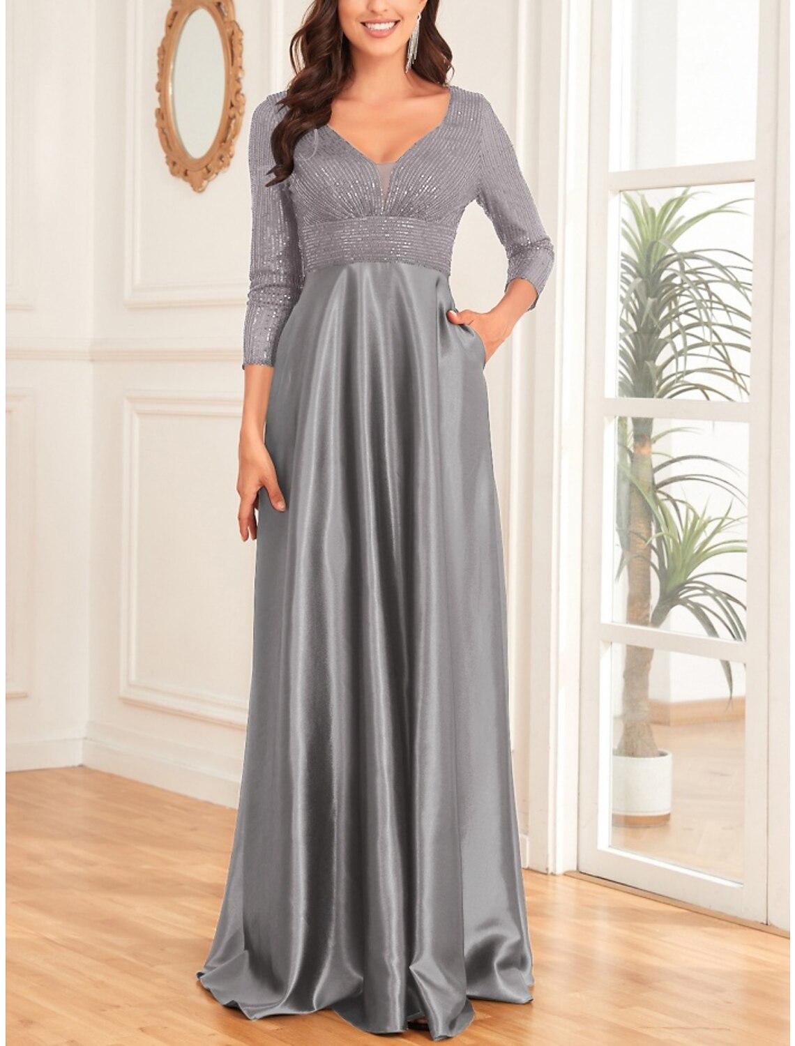 A-Line Mother of the Bride Dress Wedding Guest Elegant V Neck Floor Length Satin 3/4 Length Sleeve with Sequin Ruching