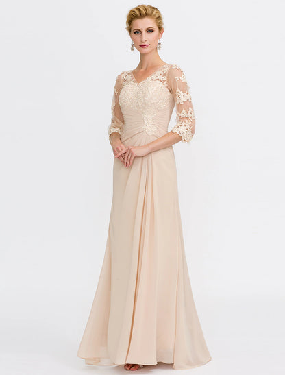 A-Line Mother of the Bride Dress Fall Wedding Guest Dresses Plus Size Elegant See Through V Neck Floor Length Chiffon Half Sleeve with Appliques Side Draping