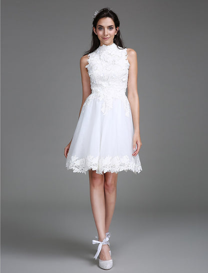 Little White Dresses Wedding Dresses Knee Length A-Line Regular Straps High Neck Lace With Lace  Bridal Gowns