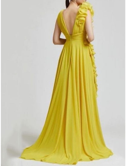 A-Line Evening Gown Elegant Dress Formal Sweep / Brush Train Sleeveless V Neck Chiffon with Pleats Ruched Ruffles