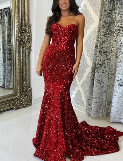 A-Line Mermaid / Trumpet Prom Dresses Glittering Dress Prom Wedding Party Court Train Sleeveless Sweetheart Sequined Backless with Sequin Pure Color