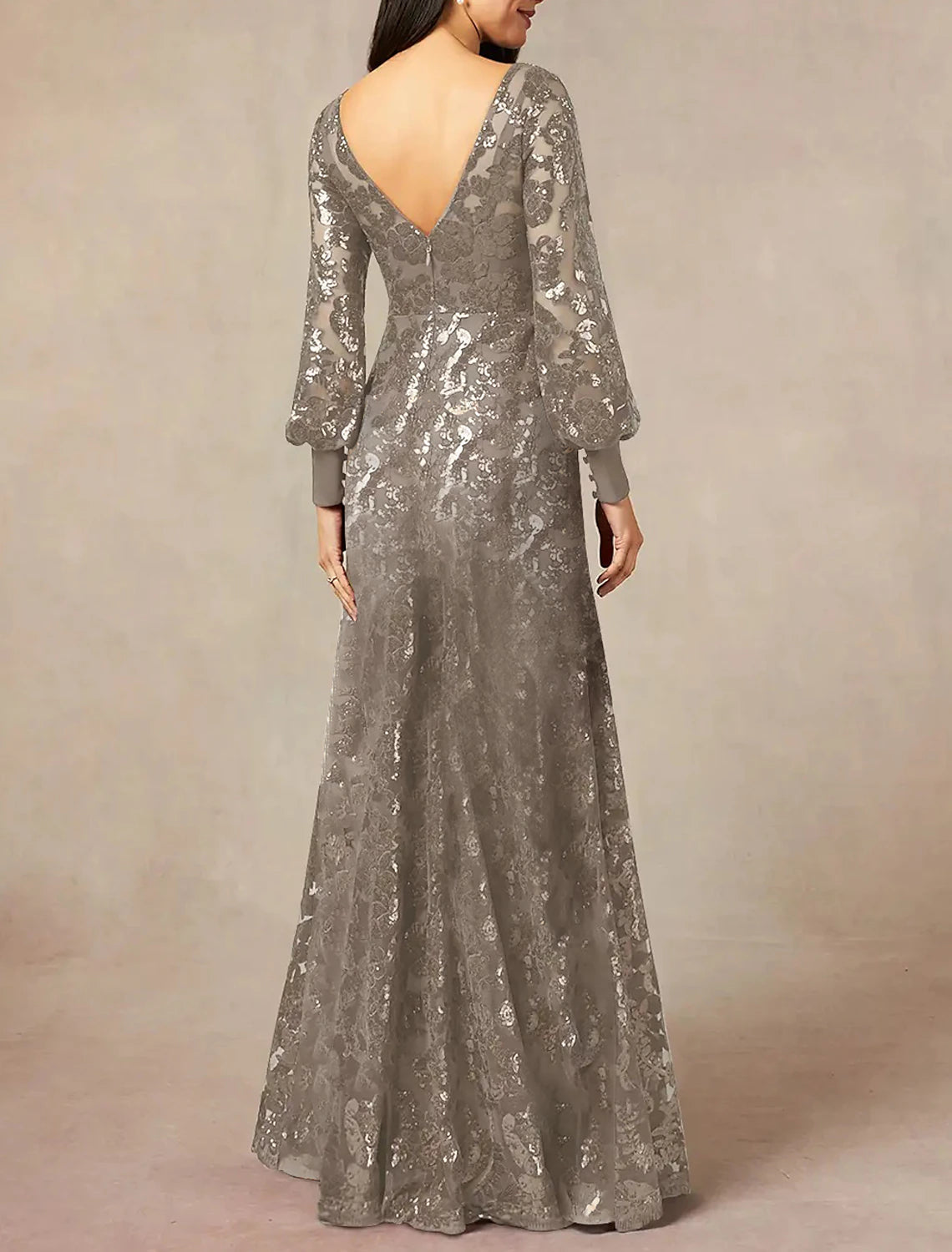 A-Line Mother of the Bride Dress Formal Wedding Guest Elegant Jewel Neck Floor Length Chiffon Sequined Long Sleeve with Sequin