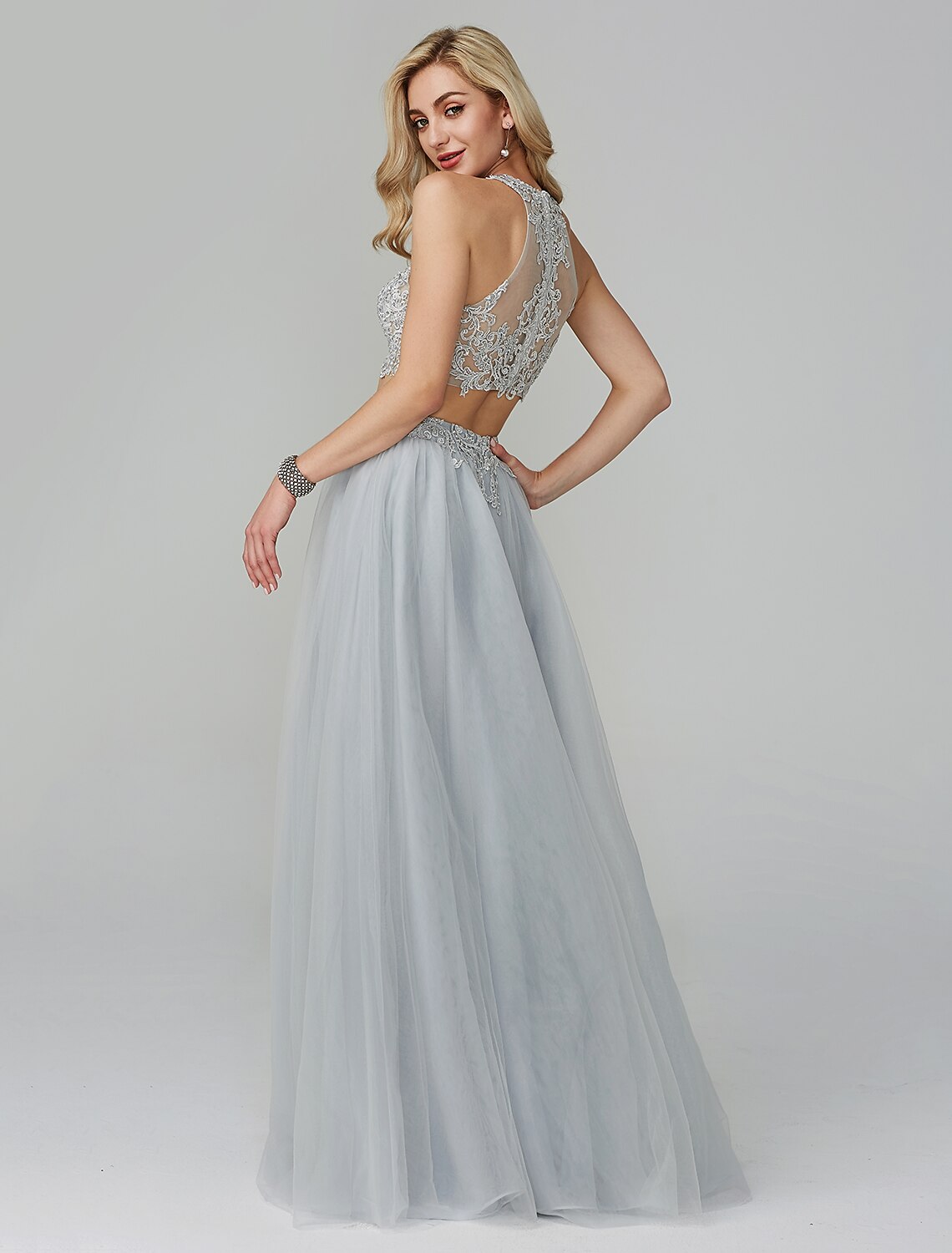 Two Piece Empire Dress Wedding Guest Prom Floor Length Sleeveless Halter Neck Lace with Appliques