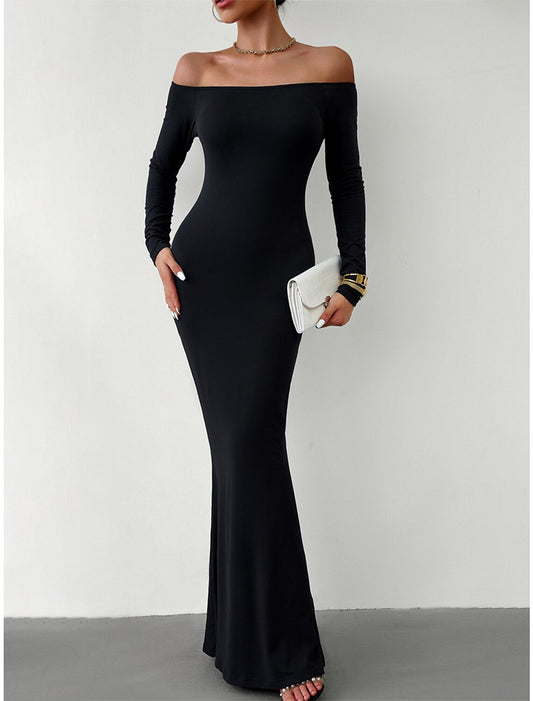 Women‘s Prom Dress Party Dress Wedding Guest Dress Black Dress Long Dress Maxi Dress White Brown Long Sleeve Pure Color Backless Fall Winter Autumn Off Shoulder Fashion Winter Dress Birthday