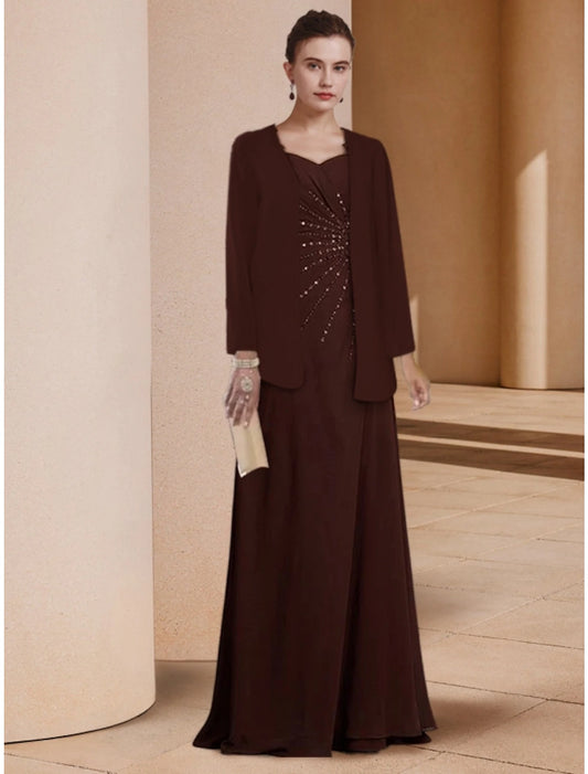 Sheath / Column Mother of the Bride Dress Wedding Guest Elegant Scoop Neck Floor Length Stretch Chiffon Long Sleeve with Sequin Ruchin