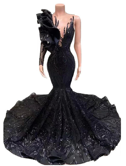 Mermaid / Trumpet Evening Gown Floral Dress Carnival Formal Chapel Train Long Sleeve One Shoulder African American Sequined with Sequin