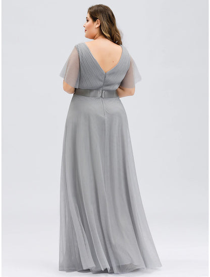 A-Line Empire Wedding Guest Prom Dress V Neck V Back Short Sleeve Floor Length Chiffon with Pleats Ruche