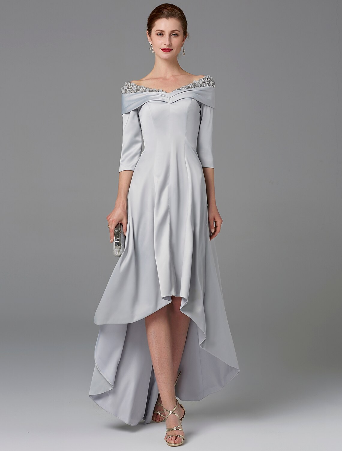 A-Line Mother of the Bride Dress Sparkle & Shine High Low Off Shoulder Asymmetrical Satin Half-Sleeve with Lace Crystals