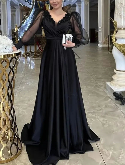 A-Line Evening Gown Elegant Dress Formal Floor Length Long Sleeve V Neck Satin with Appliques