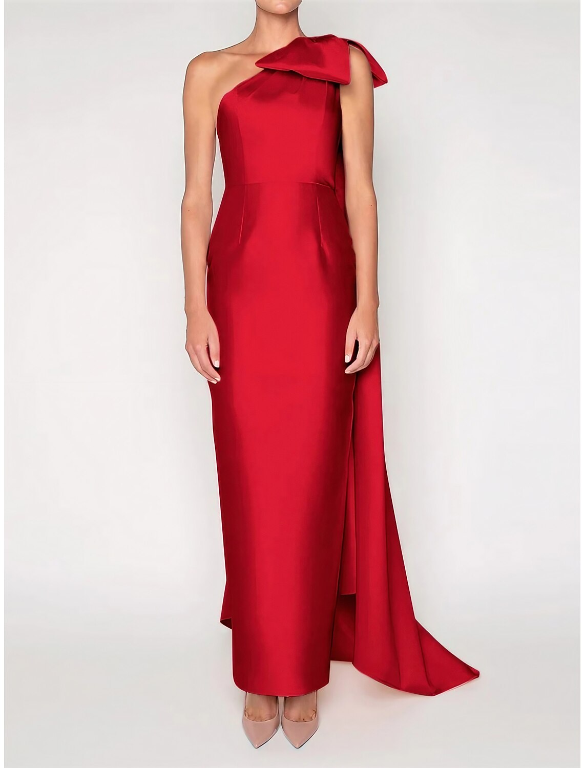 Sheath / Column Evening Gown Elegant Dress Formal Sweep / Brush Train Sleeveless One Shoulder Satin with Shouder Flower