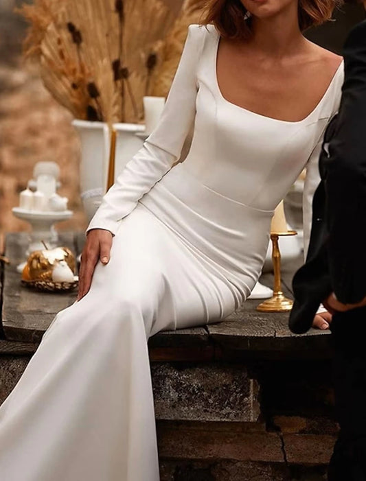 Reception Open Back Royal Style Simple Wedding Dresses Mermaid / Trumpet Square Neck Long Sleeve Court Train Satin Bridal Gowns With Solid Color Summer Wedding Party