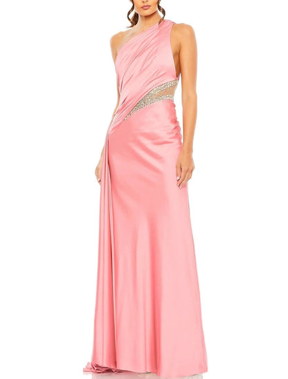 A-Line Evening Gown Elegant Dress Formal Floor Length Sleeveless One Shoulder Satin with Glitter Ruched Sequin