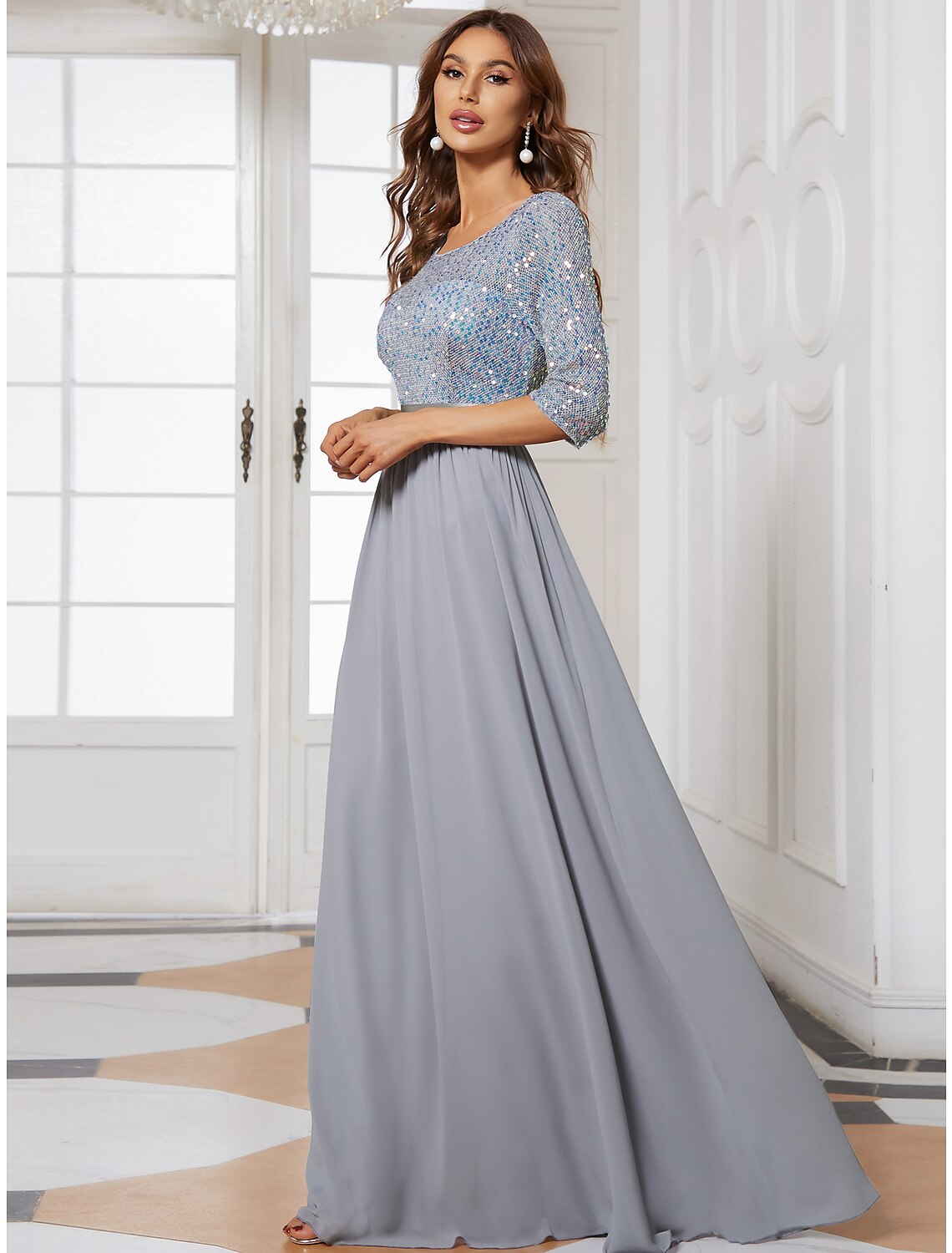 A-Line Mother of the Bride Dress Wedding Guest Plus Size Elegant Jewel Neck Floor Length Tulle Sequined 3/4 Length Sleeve with Sequin Fall