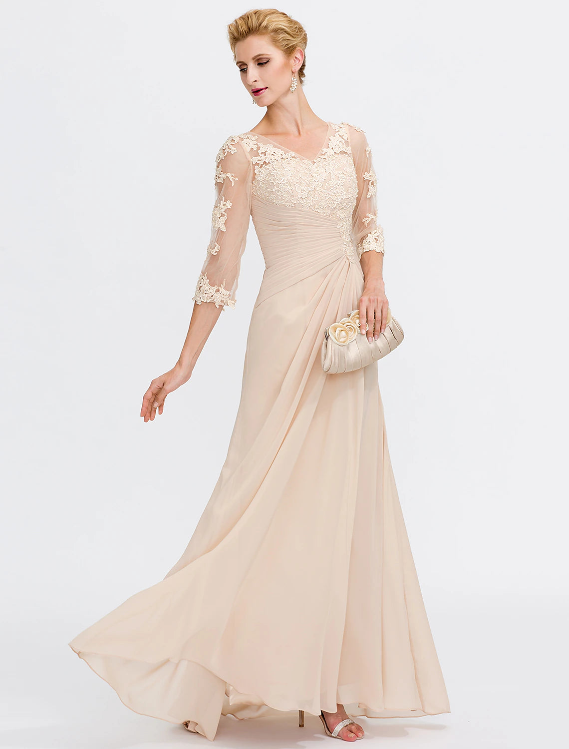 A-Line Mother of the Bride Dress Fall Wedding Guest Dresses Plus Size Elegant See Through V Neck Floor Length Chiffon Half Sleeve with Appliques Side Draping