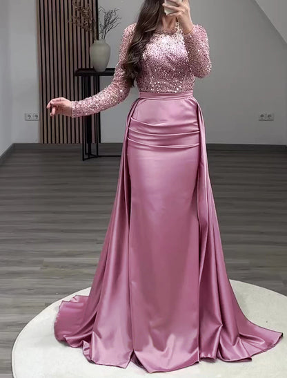 Mermaid / Trumpet Evening Gown Elegant Dress Carnival Masquerade Floor Length Long Sleeve Illusion Neck Fall Wedding Reception Satin with Pearls Overskirt