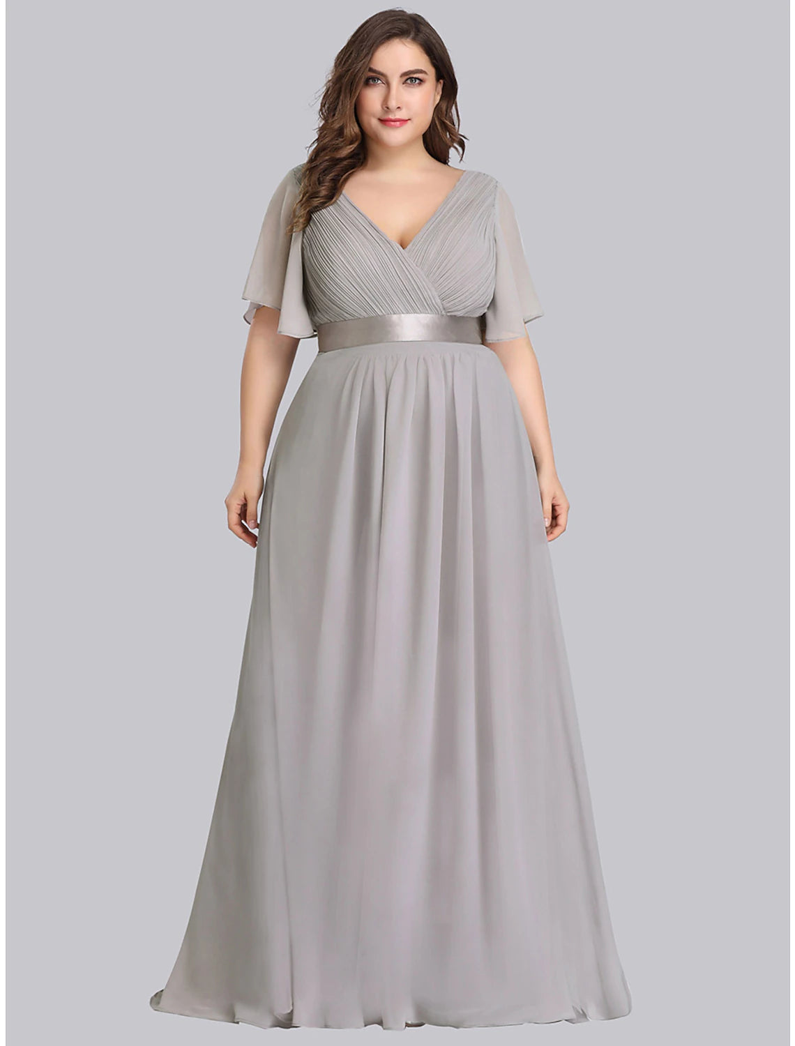 A-Line Mother of the Bride Dress Plus Size Elegant V Neck Floor Length Chiffon Short Sleeve with Sash / Ribbon Ruching