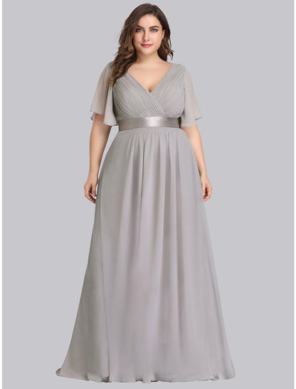 A-Line Mother of the Bride Dress Plus Size Elegant V Neck Floor Length Chiffon Short Sleeve with Sash / Ribbon Ruching