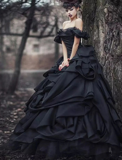 Black Wedding Dresses Formal Fall Ball Gown Off Shoulder Cap Sleeve Court Train Lace Satin Gothic Halloween Engagement Bridal Gowns With Ruched