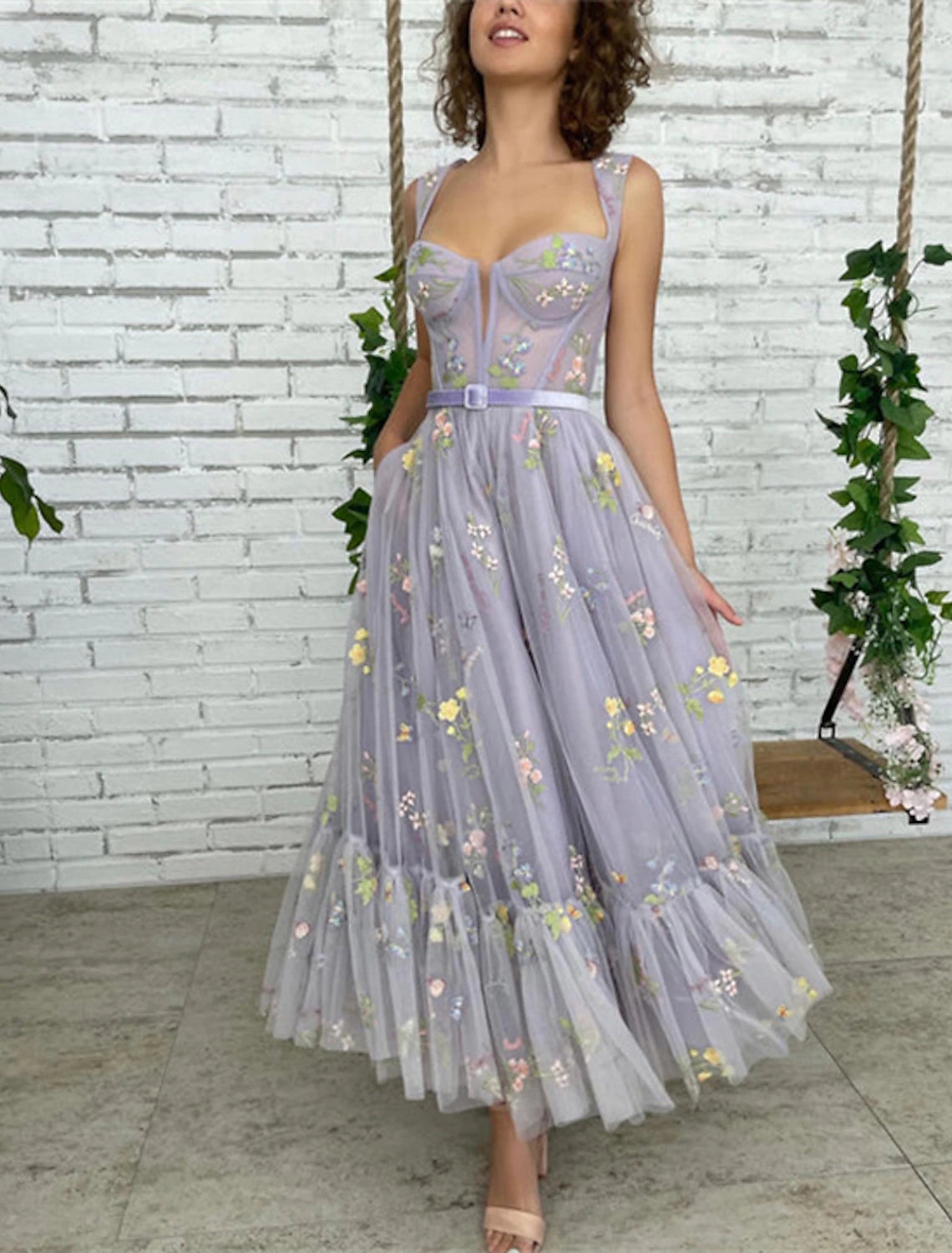 A-Line Prom Dresses Floral Dress Formal Evening Birthday Floor Length Short Sleeve Square Neck Fall Wedding Guest Lace with Pleats Appliques