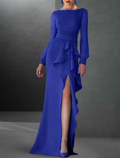 A-Line Evening Gown Elegant Dress Formal Fall Sweep / Brush Train Long Sleeve Jewel Neck Stretch Chiffon with Ruffles Slit