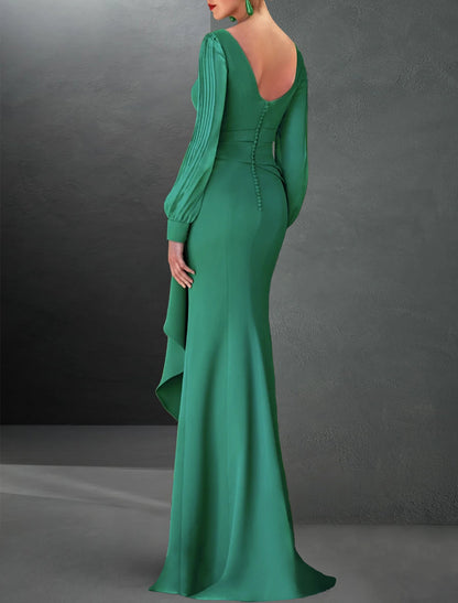 A-Line Evening Gown Elegant Dress Formal Fall Sweep / Brush Train Long Sleeve Jewel Neck Stretch Chiffon with Ruffles Slit