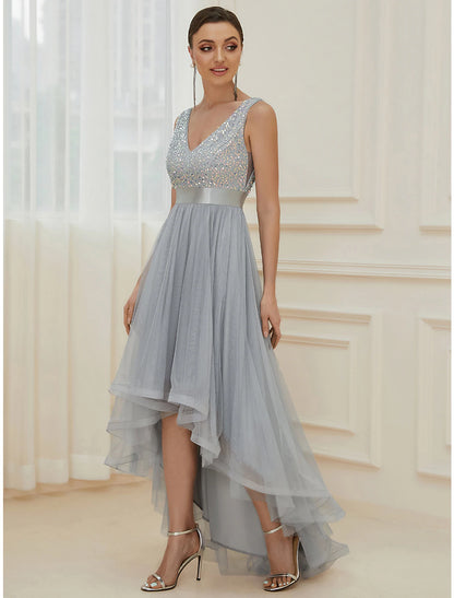 A-Line Bridesmaid Dress V Neck Sleeveless Elegant Asymmetrical Sequined with Sequin / Tier  / Sparkle & Shine