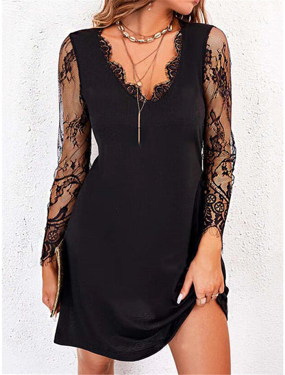 Women's Black Dress Sequin Dress Party Dress Lace Dress Mini Dress Black Long Sleeve Pure Color Lace Spring Fall Winter V Neck Fashion Winter Dress Wedding Guest