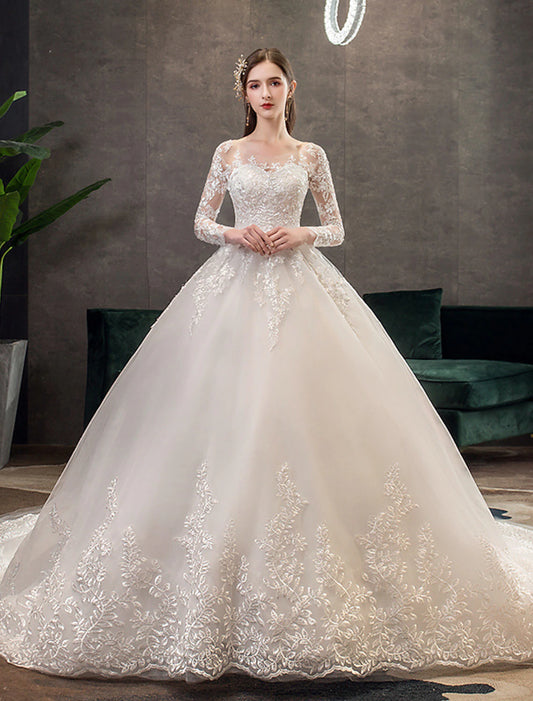 Engagement Formal Fall Wedding Dresses Ball Gown Illusion Neck Long Sleeve Cathedral Train Lace Bridal Gowns With Pleats Appliques  Summer Wedding Party, Women's Clothing