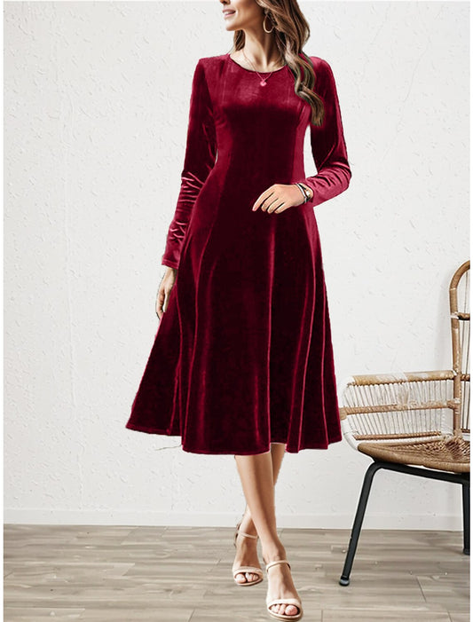 Women's Velvet Dress Party Dress Cocktail Dress Midi Dress Black Wine Blue Long Sleeve Pure Color Ruched Spring Fall Winter Crew Neck Red Valentines Dress Winter Dress Christmas Valentine's Day Slim