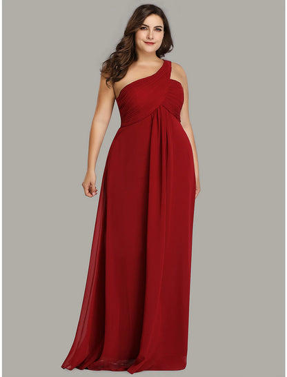 A-Line Evening Gown Empire Dress Wedding Guest Formal Evening Floor Length Sleeveless One Shoulder Bridesmaid Dress Chiffon Backless with Pleats Draping