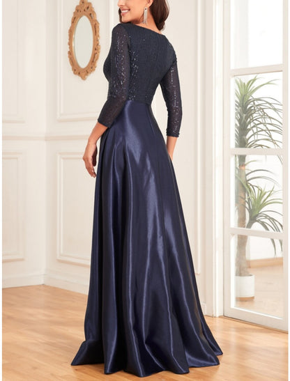 A-Line Mother of the Bride Dress Wedding Guest Elegant V Neck Floor Length Satin 3/4 Length Sleeve with Sequin Ruching