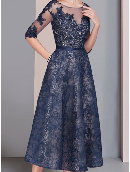 A-Line Mother of the Bride Dress Wedding Guest Elegant Scoop Neck Tea Length Lace Half Sleeve with Ruching Solid Color