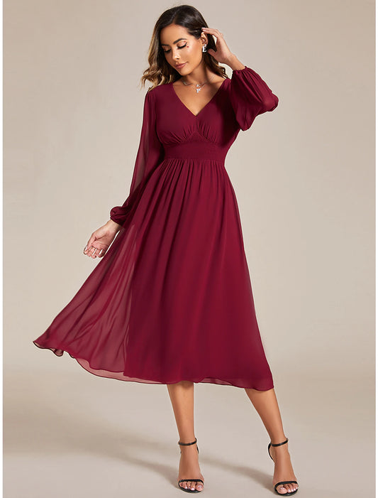 A-Line Wedding Guest Party Dress Elegant Dress Wedding Fall Tea Length Long Sleeve V Neck Chiffon with Ruched