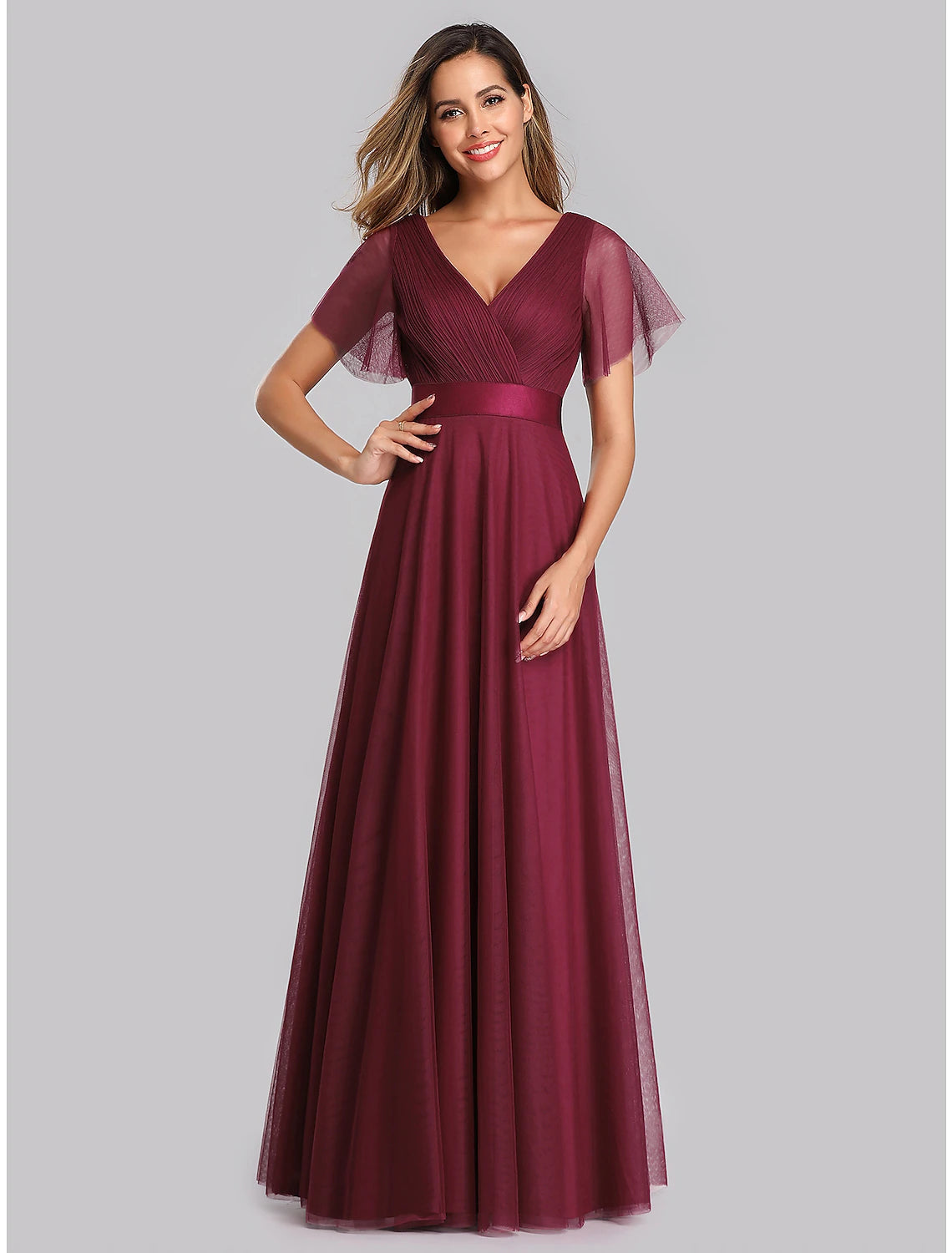 A-Line Empire Wedding Guest Prom Dress V Neck V Back Short Sleeve Floor Length Chiffon with Pleats Ruche