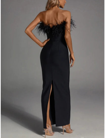 Sheath / Column Evening Gown Elegant Dress Formal Fall Ankle Length Sleeveless Strapless Stretch Fabric with Feather Slit