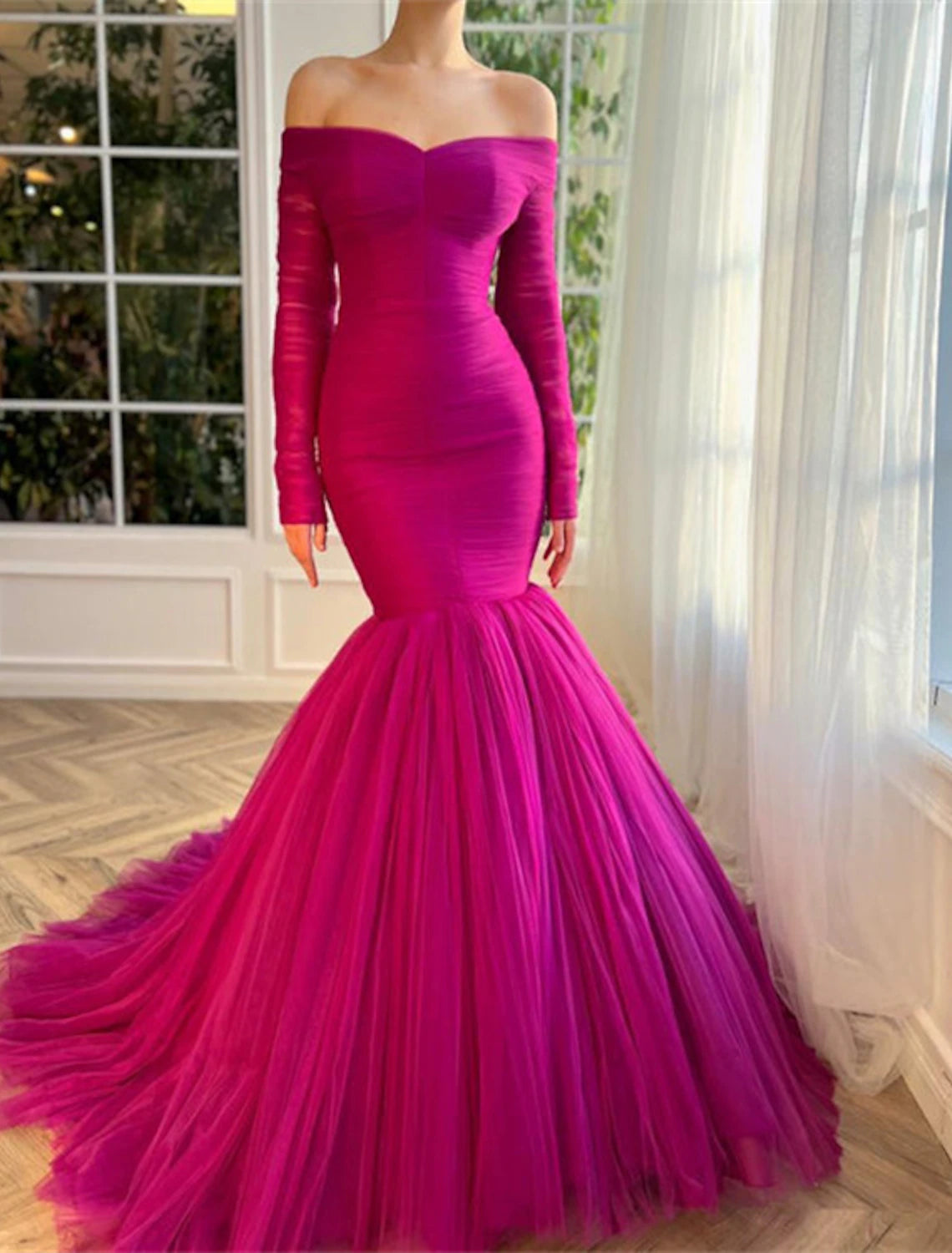 Mermaid / Trumpet Evening Gown Elegant Dress Wedding Guest Wedding Party Court Train Long Sleeve Off Shoulder Tulle with Ruched