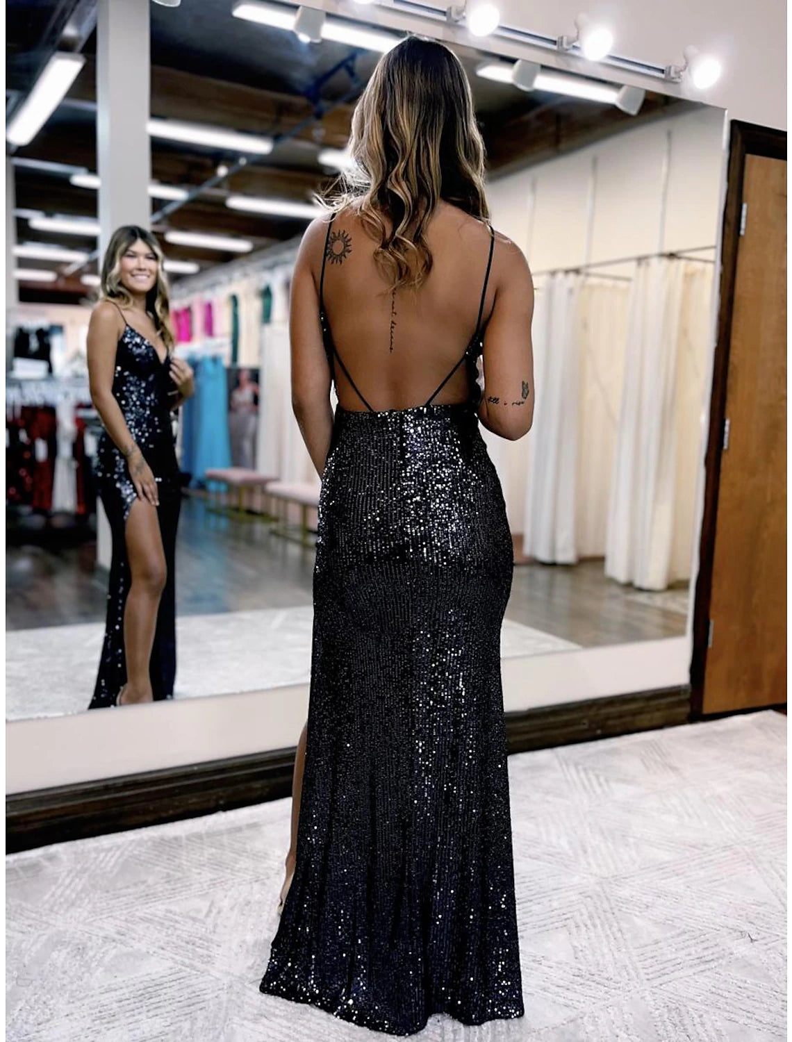 Mermaid / Trumpet Prom Dresses Sparkle & Shine Dress Formal Wedding Guest Floor Length Sleeveless V Neck Sequined Backless with Sequin