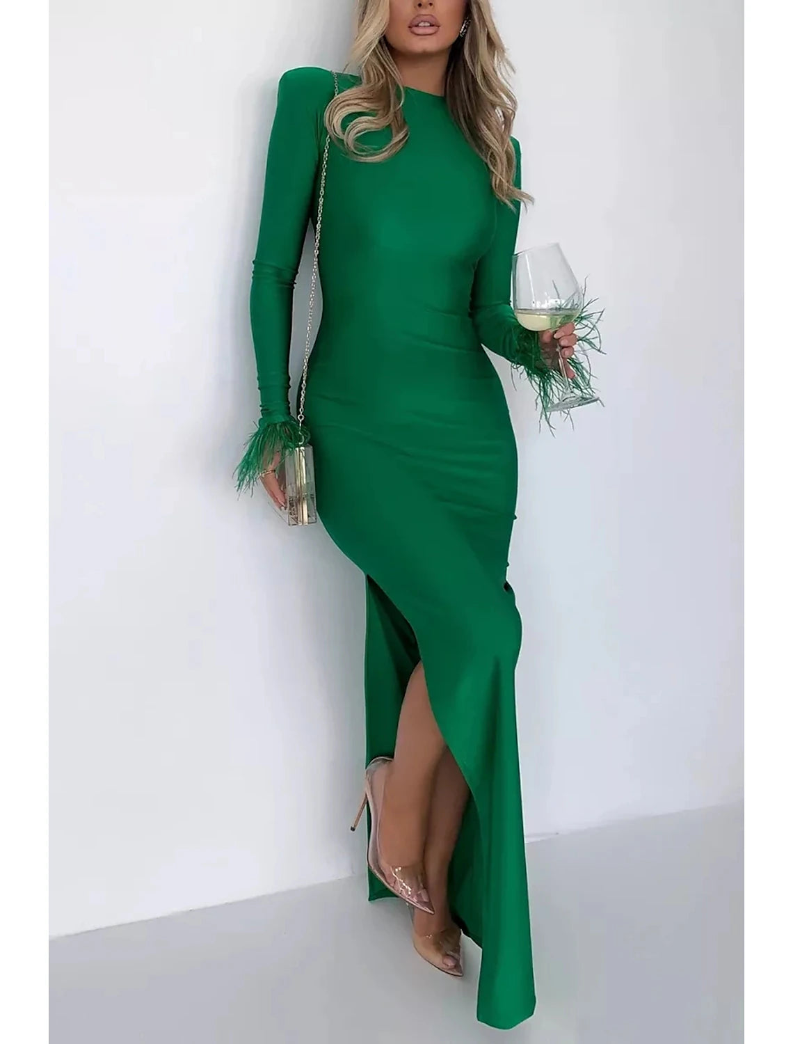 Women's Party Dress Maxi long Dress Green Long Sleeve Pure Color Split Feather Fall Winter Crew Neck Party Elegant Dress