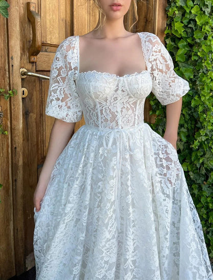 Reception Little White Dresses Wedding Dresses A-Line Sweetheart Half Sleeve Tea Length Lace Bridal Gowns With Appliques Solid Color