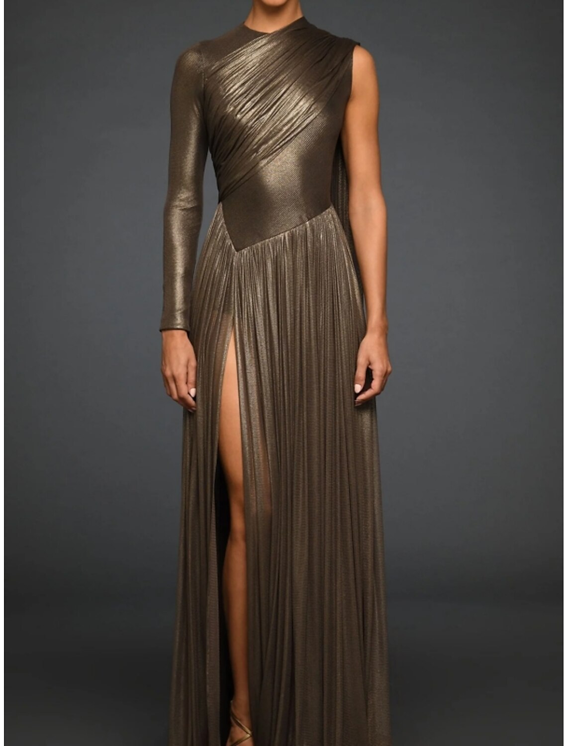 Sheath / Column Evening Gown High Split Dress Formal Fall Sweep / Brush Train Long Sleeve Jewel Neck Tulle with Pleats Slit