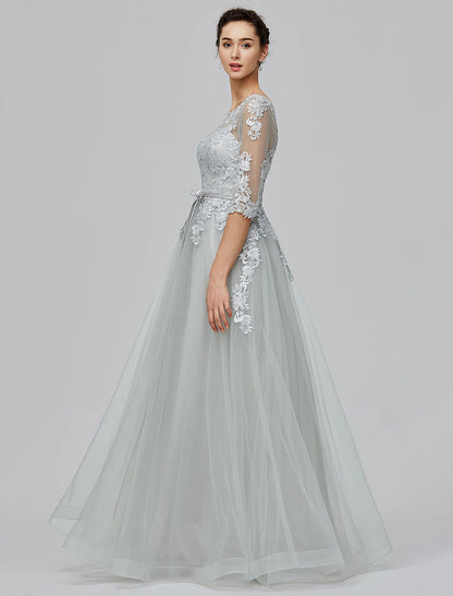 A-Line Empire Dress Wedding Guest Prom Floor Length Half Sleeve Illusion Neck Tulle with Bow(s) Appliques