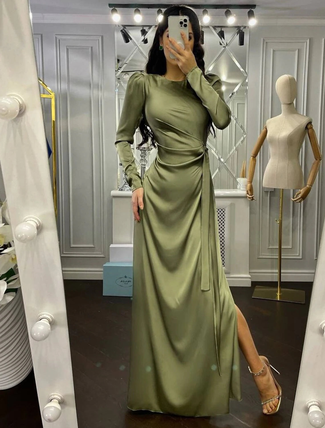 Sheath Party Dress Evening Gown Elegant Dress Wedding Guest Fall Floor Length Long Sleeve High Neck Bridesmaid Dress Satin with Ruched 2023