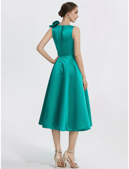 A-Line Cocktail Dresses Elegant Dress Formal Tea Length Sleeveless V Neck Satin with Appliques