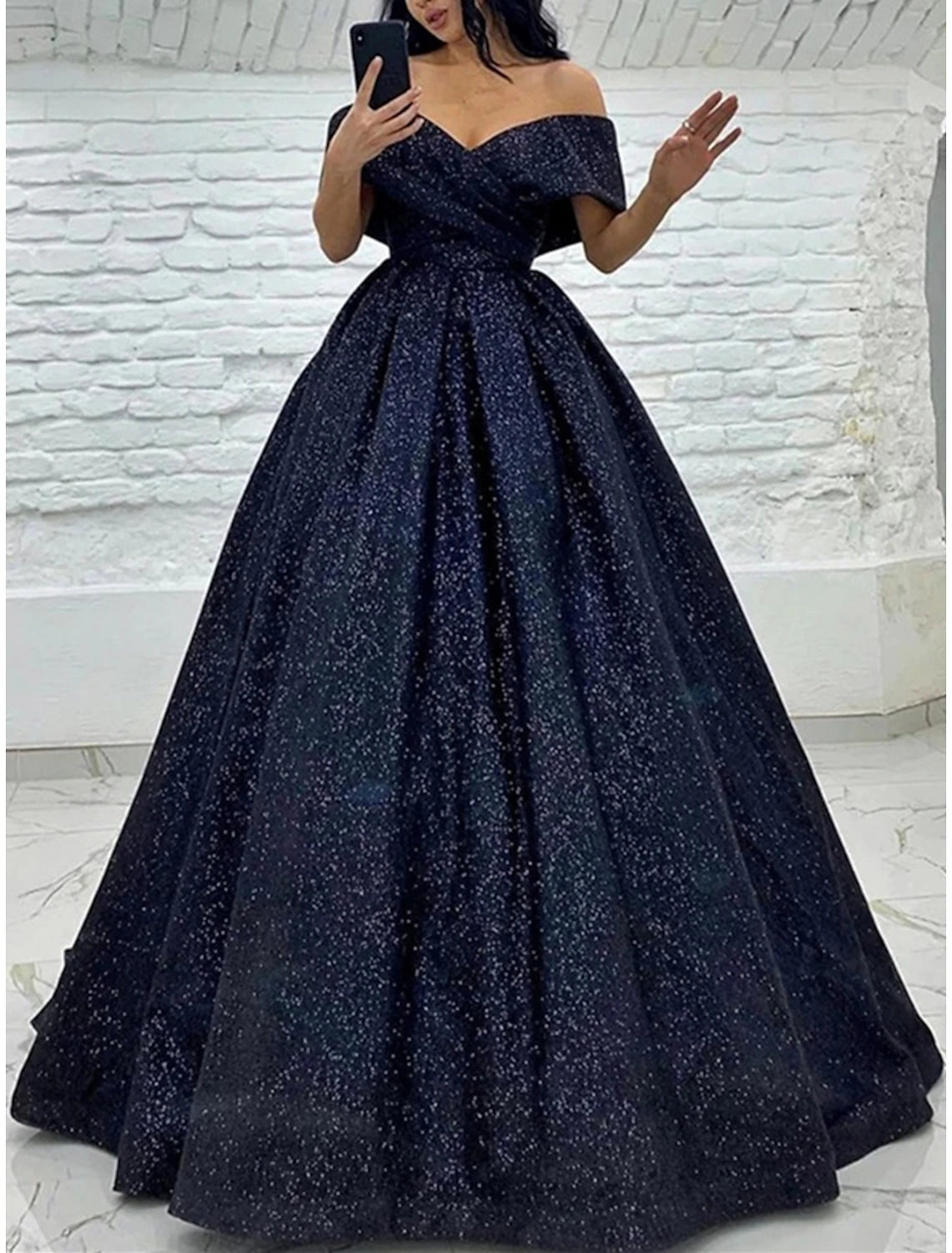 A-Line Prom Dresses Elegant Dress Black Tie Gala Sweep / Brush Train Short Sleeve Off Shoulder Sequined with Glitter Pleats